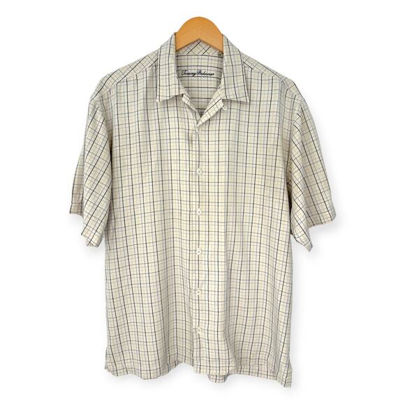 Tommy Bahama | Medium | Silk/Linen Blend Cream/Blue Check Short Sleeve Shirt - Picture 1 of 5